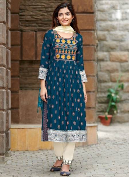 Blue Colour Rangjyot Rang Manch New Latest Ethnic Wear Rayon Kurti With Pant And Dupatta Collection 1004 Catalog